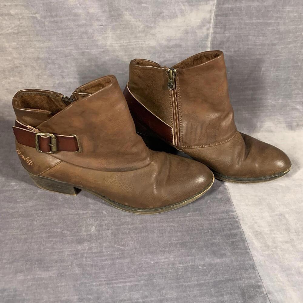 Blowfish Brown Ankle Boots Womens Size 8 Buckle Side Zip Low Heel Booties Casual